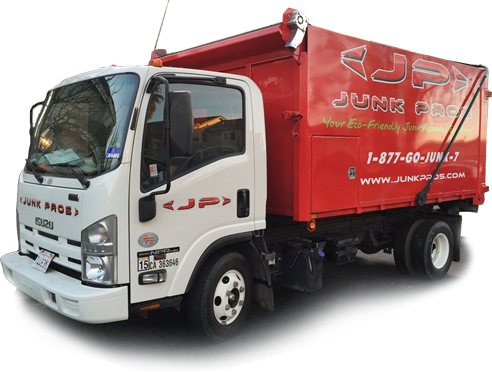A white truck with a red box that says junk pro on it