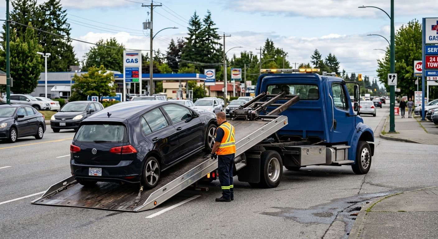 Tow truck loading a black SUV on a street near a gas station, with a worker in orange vest.
