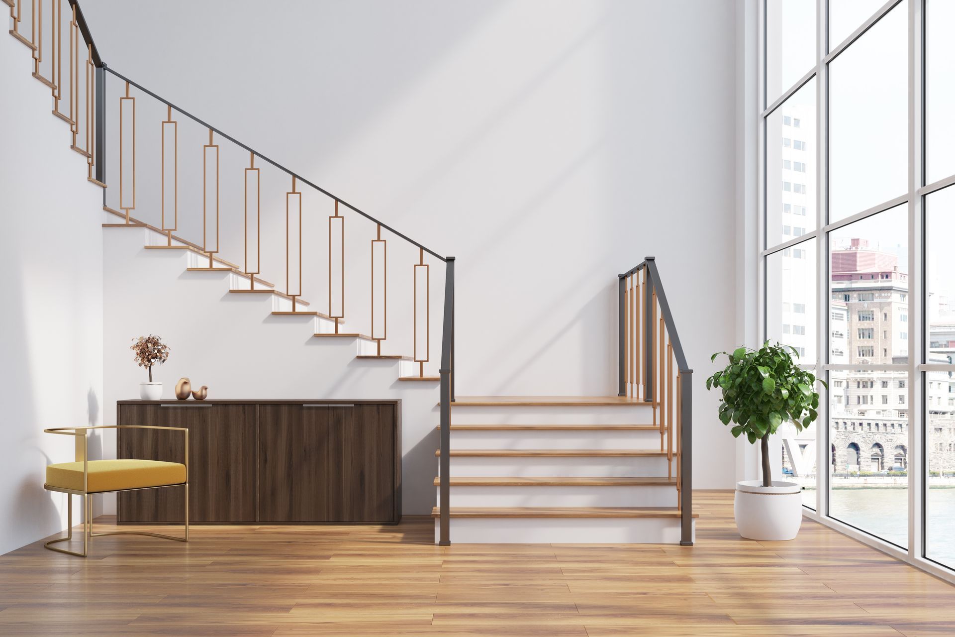 Staircase in a bright room with wooden floors, tall windows, a yellow chair, and a potted plant.
