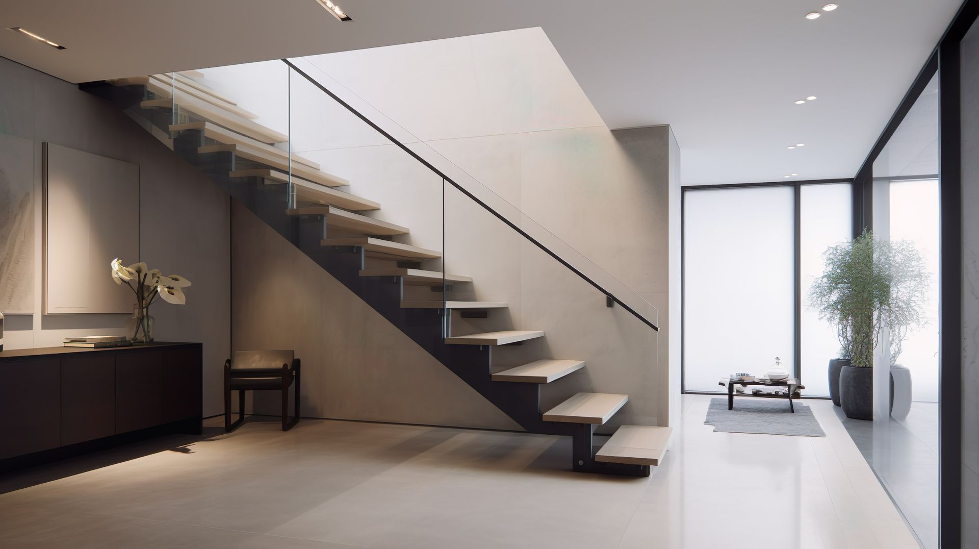 Modern interior with floating wooden staircase, glass railing, and large windows.