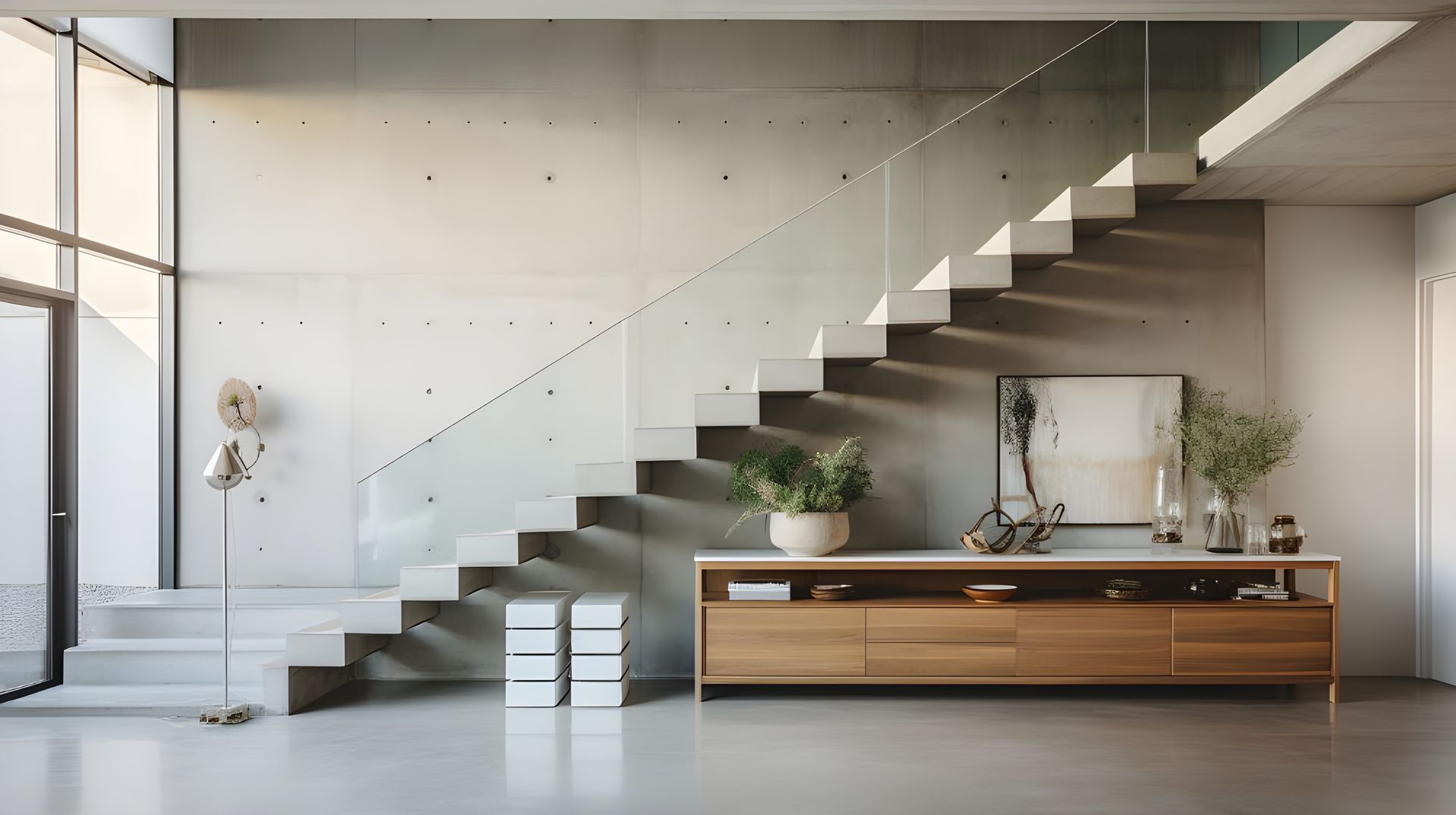 Modern interior with concrete wall, floating staircase, and wooden console table.
