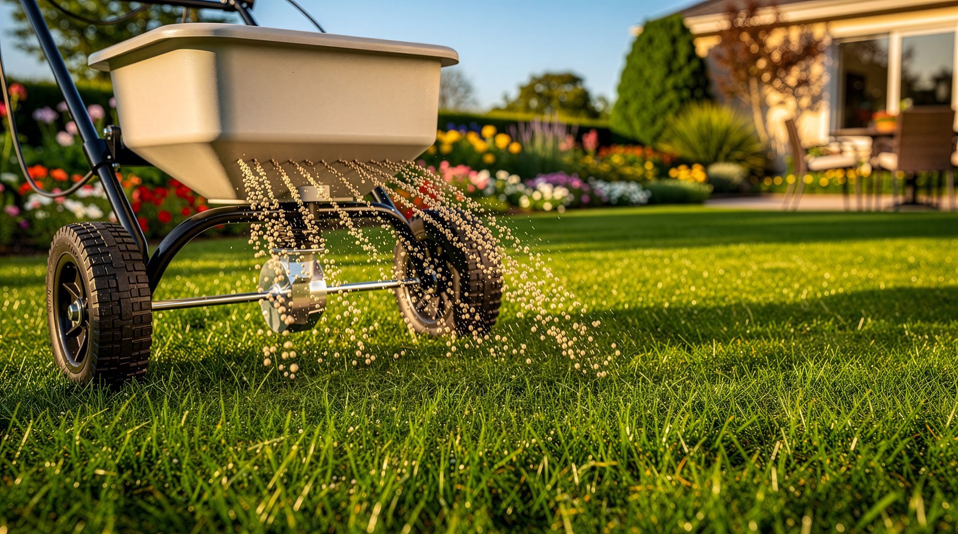 Garden spreader cart on a grassy lawn near flowers and a house at sunset