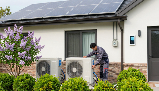 Technician servicing outdoor heat pump units beside a house with solar panels
