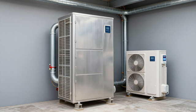 Two outdoor HVAC units in a gray industrial enclosure, one large silver unit and one smaller white unit.