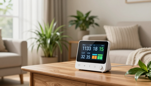 Digital clock on a wooden table in a bright living room with plants and a sofa.