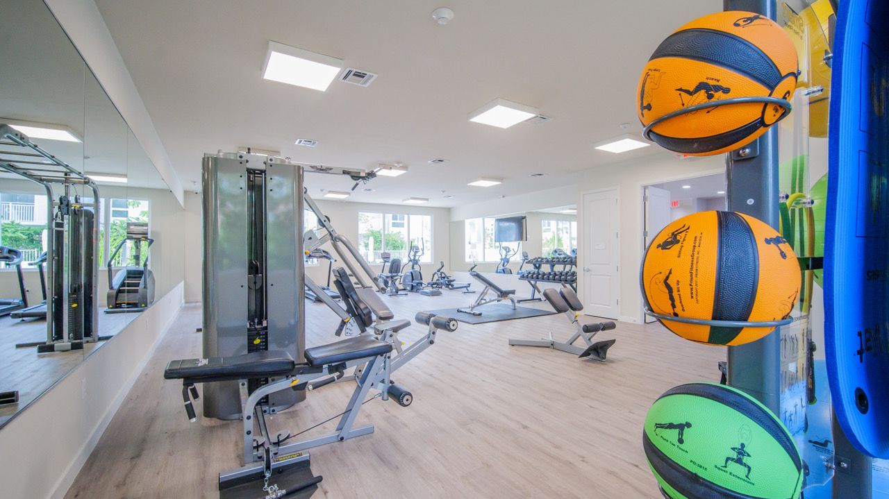 Bright gym interior with exercise machines and colorful medicine balls on a wall rack at Atlantica at Dania Beach apartments in Dania Beach, FL.