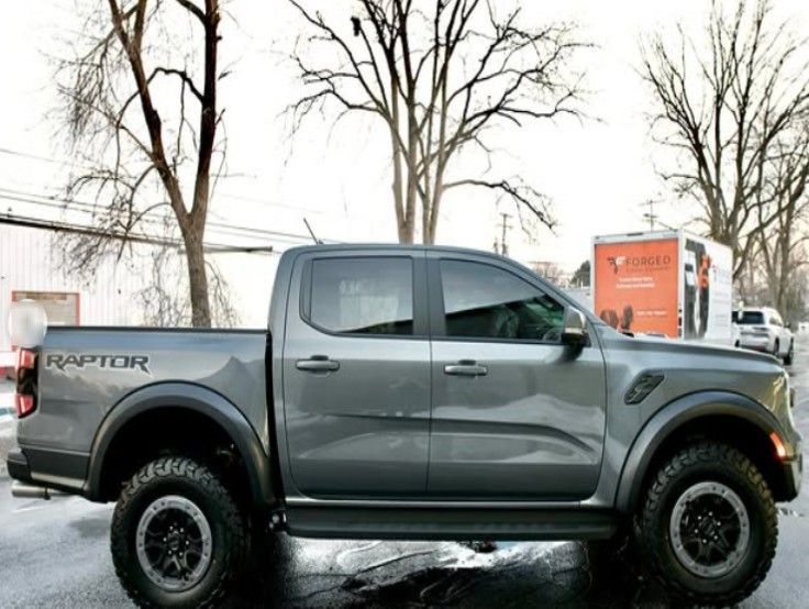 Gray Ford Raptor pickup truck parked outdoors on a wet lot with leafless trees in the background