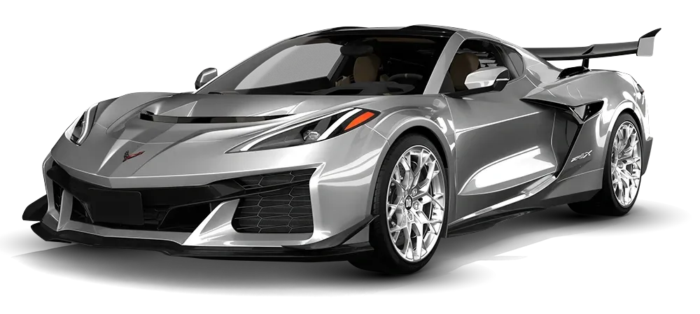 Silver sports car on a white background, angled front view with a large rear spoiler
