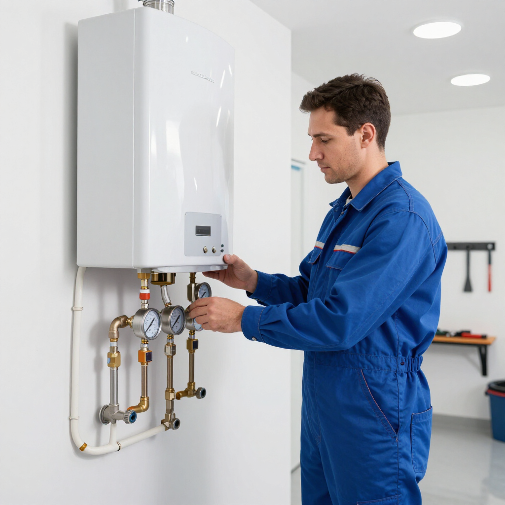Plumber inspecting a water heater