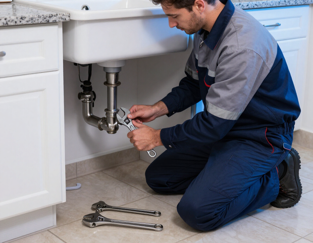Plumber repairing a kitchen pipe leak