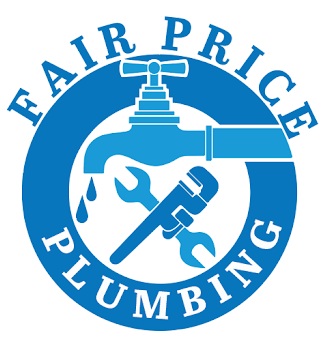 Blue circular Fair Price Plumbing logo with faucet and wrench icons