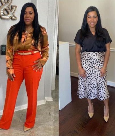Two women are standing next to each other wearing different outfits.