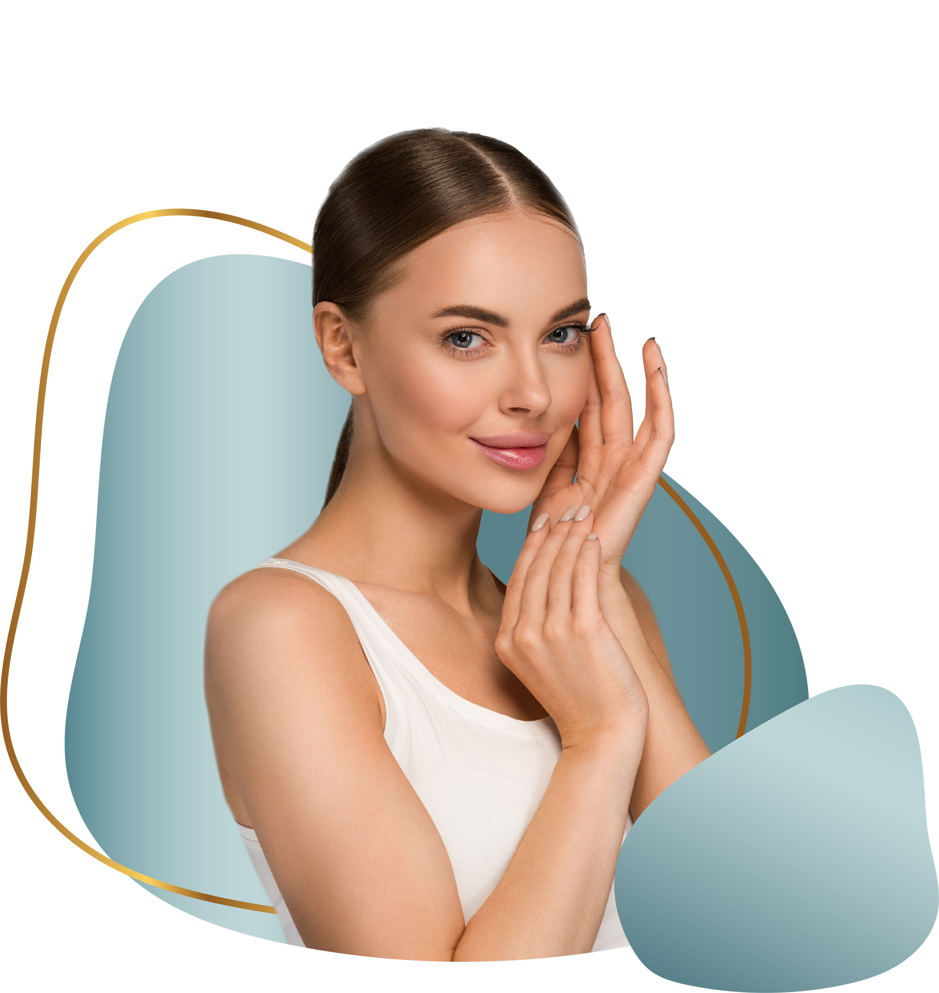 A woman is touching her face with her hands and smiling.