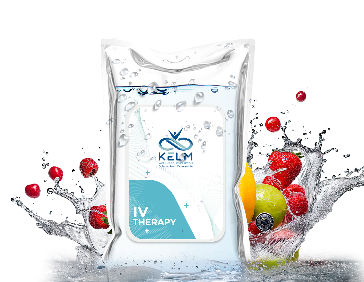 A bag of iv therapy with fruit splashing out of it.