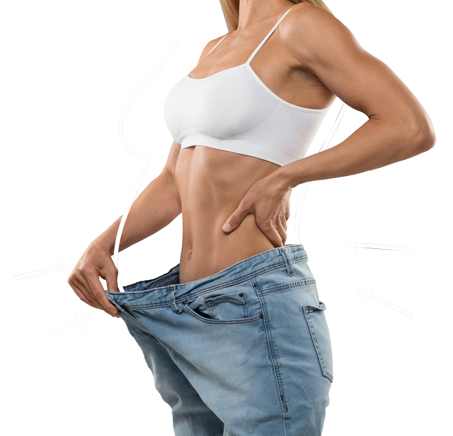 A woman is wearing a white bra and blue jeans.