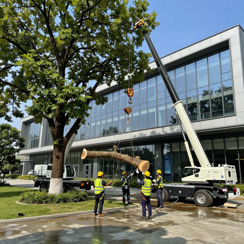 Workers and crane lifting a large tree section outside a glass office building