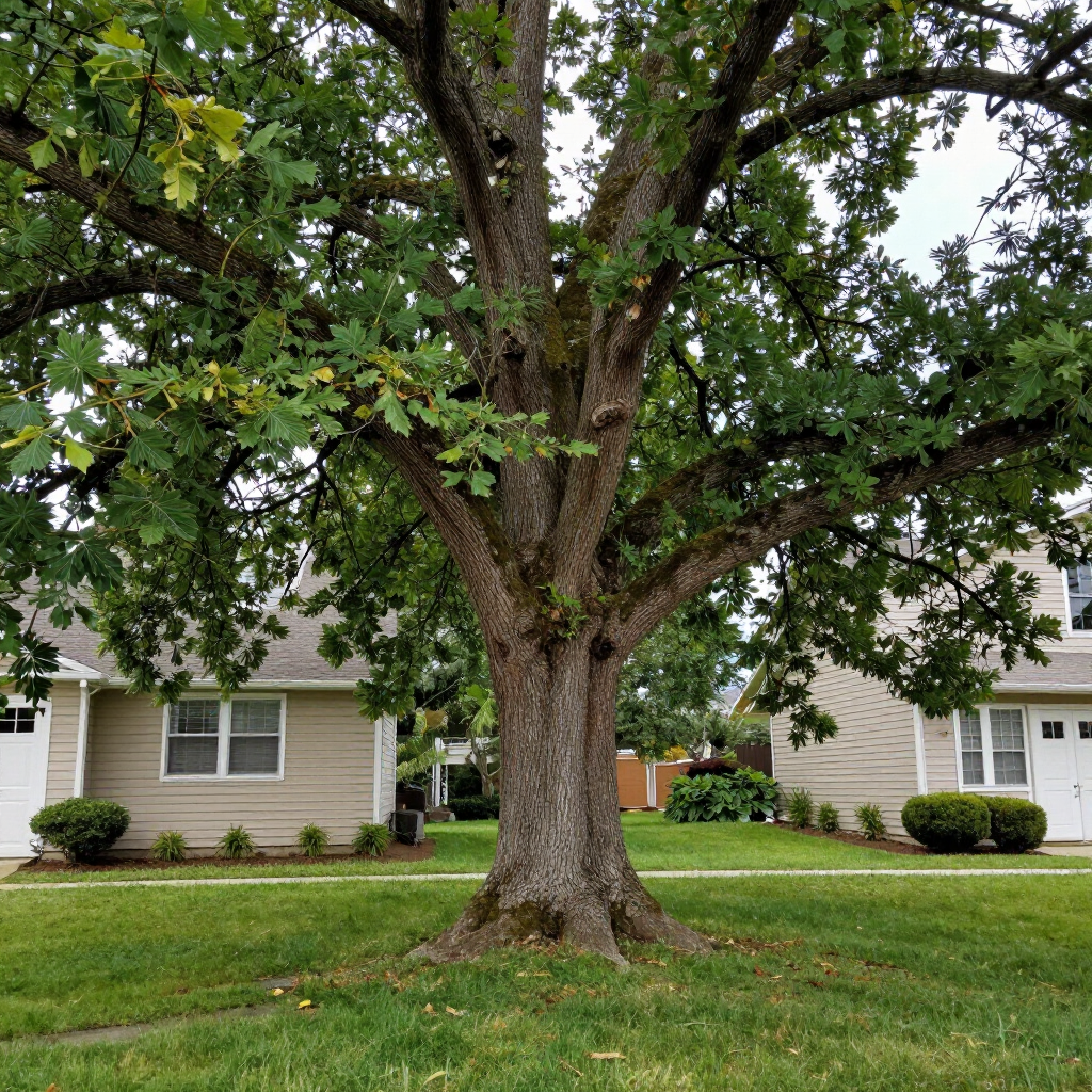 Large leafy tree in a suburban front yard between two beige houses