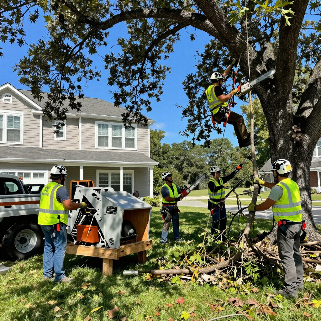 Utility workers trimming a tree beside a suburban house, with a wood chipper on the lawn.