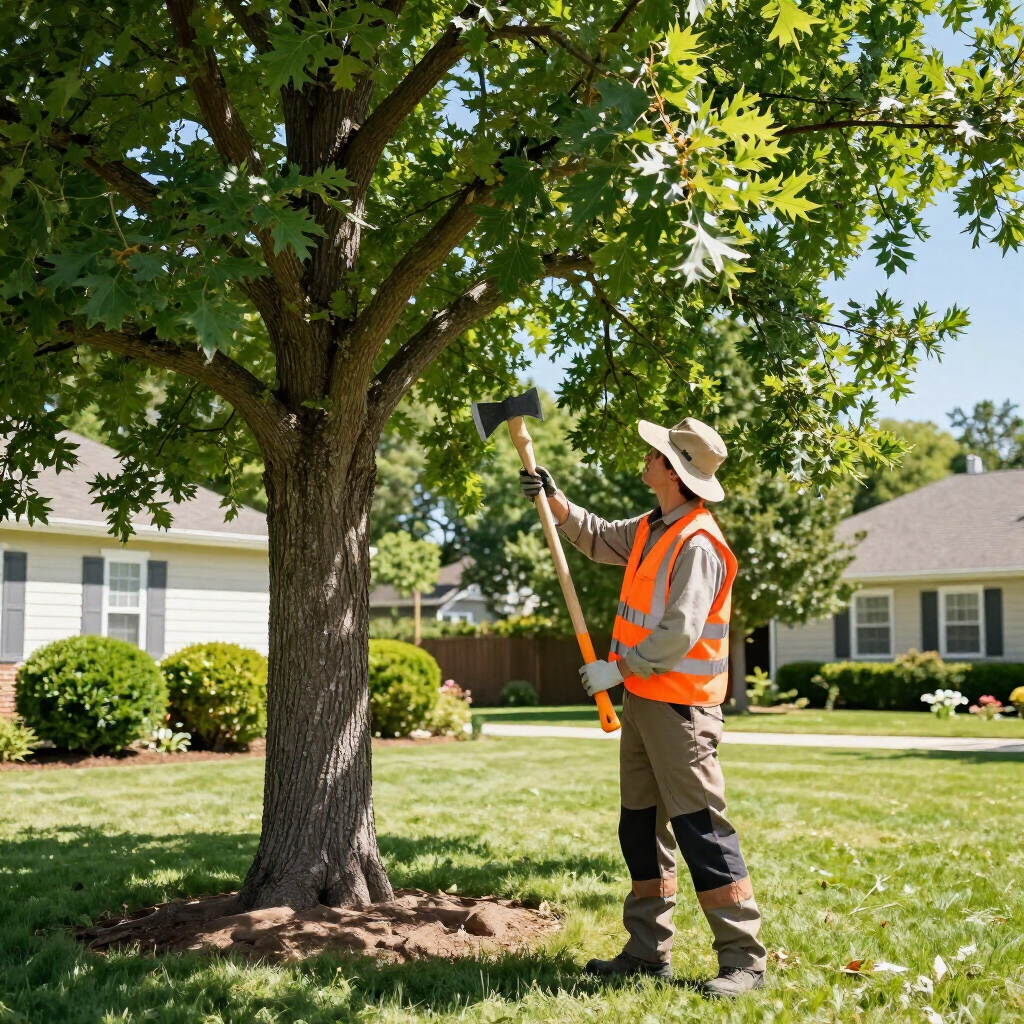 Worker in orange safety vest trimming a tree in a suburban front yard with a pole saw