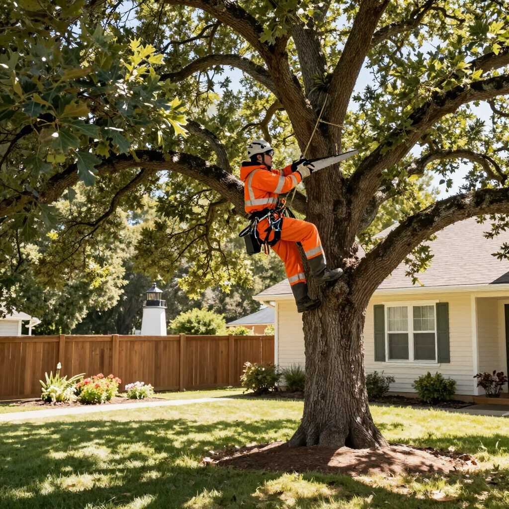 Arborist in orange safety gear climbing a large tree with a chainsaw in a suburban yard