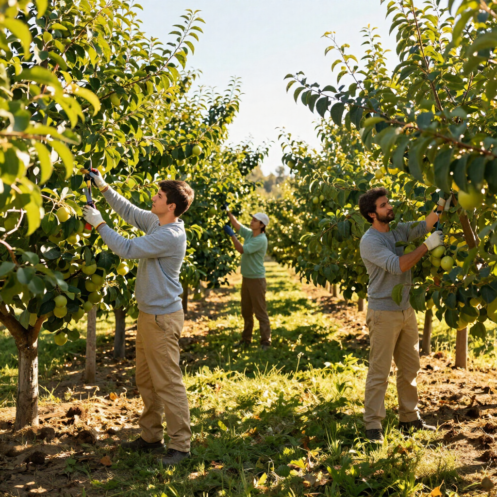 Three people harvesting fruit in a sunny orchard among green trees