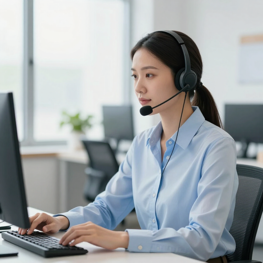 Office worker wearing headset typing at a computer in a bright office