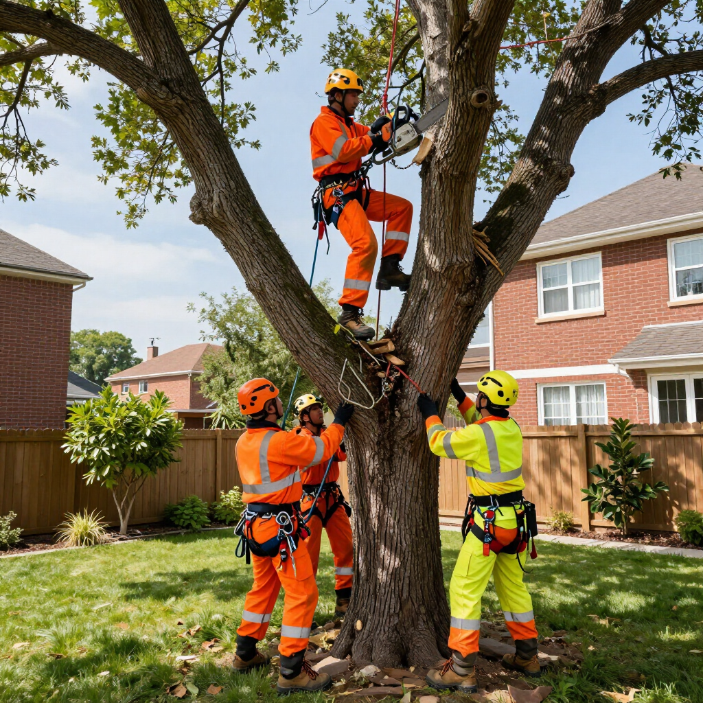 Three arborists in bright safety gear working in a large tree in a suburban yard.