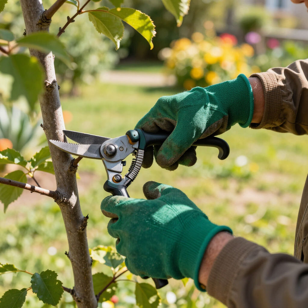 Gloved hands pruning a young tree with garden shears in a sunny orchard
