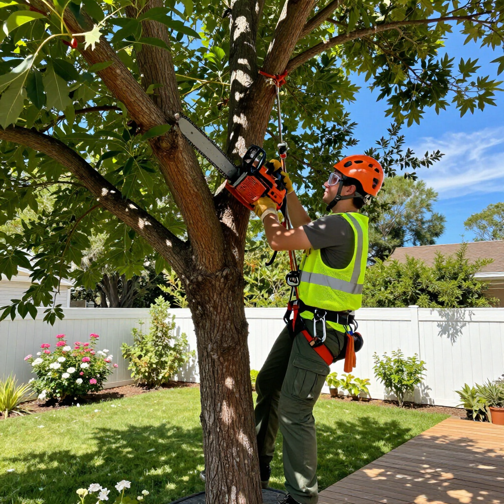 Worker in safety gear pruning a tree in a sunny backyard with a chainsaw