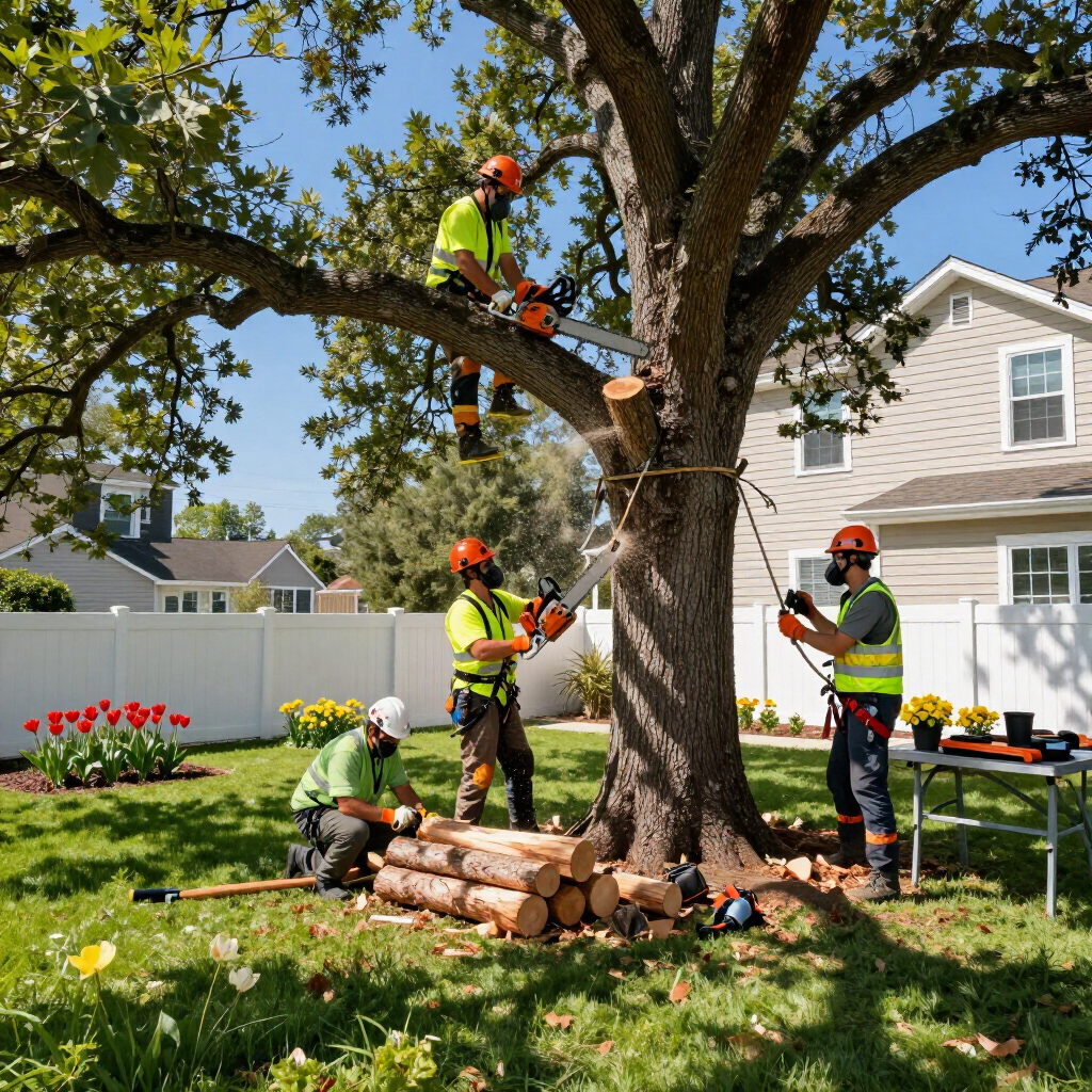 Tree care crew trimming large tree in a suburban yard, with workers on ropes and a truck-mounted lift.