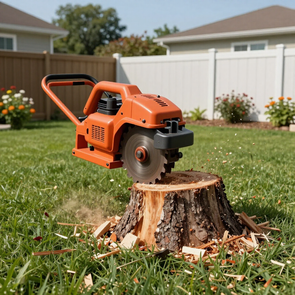 Orange chainsaw cutting into a tree stump in a suburban yard