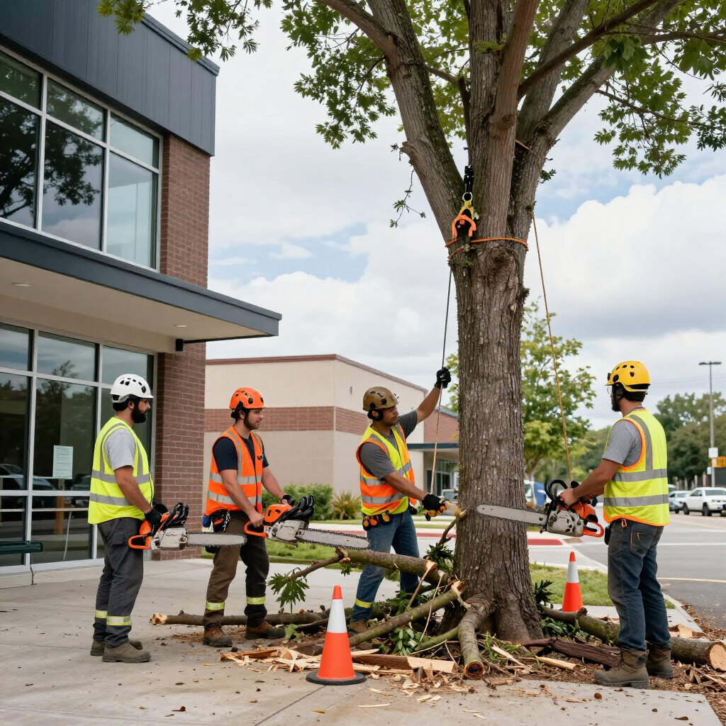 Utility workers trimming a tree beside a building, with cones and safety gear on the sidewalk.