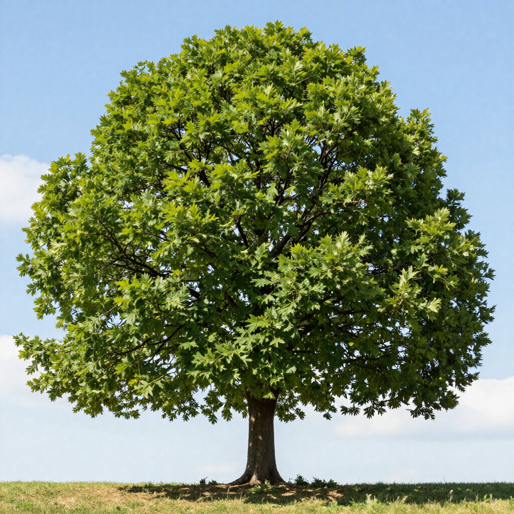 A lone green tree with a full canopy standing on a grassy field under a blue sky.