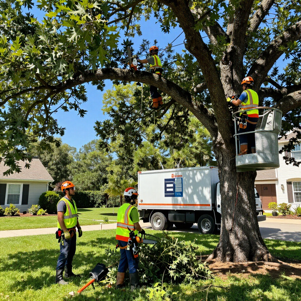 Tree crew trimming a large oak beside a house, with workers in safety gear and a bucket truck.