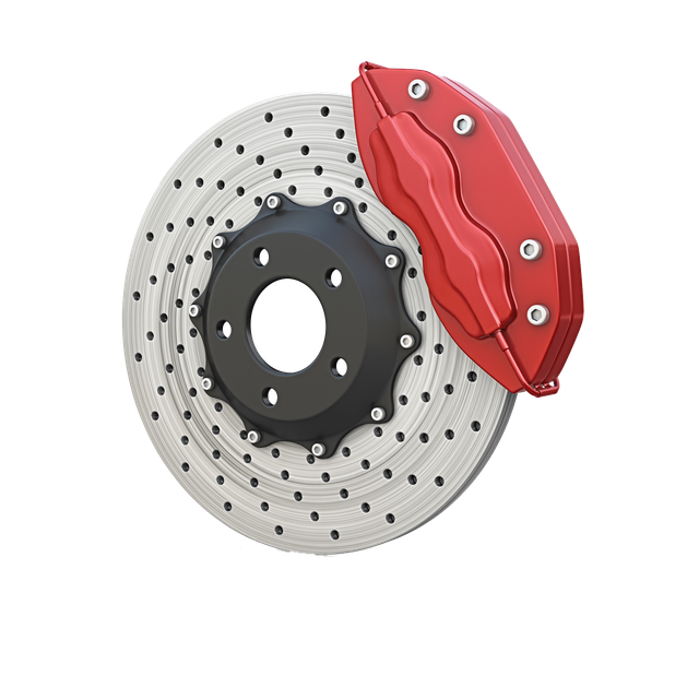 A high-performance drilled car brake disc with a red caliper on a white background.