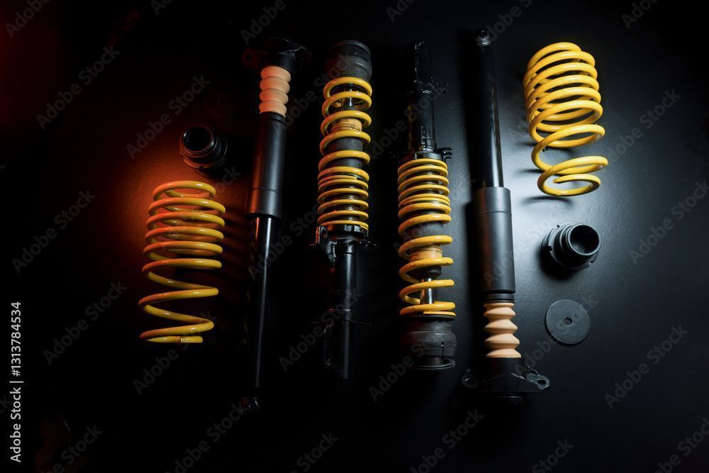 A top-down view of car suspension parts, including yellow springs, black shock absorbers, and mounting hardware.