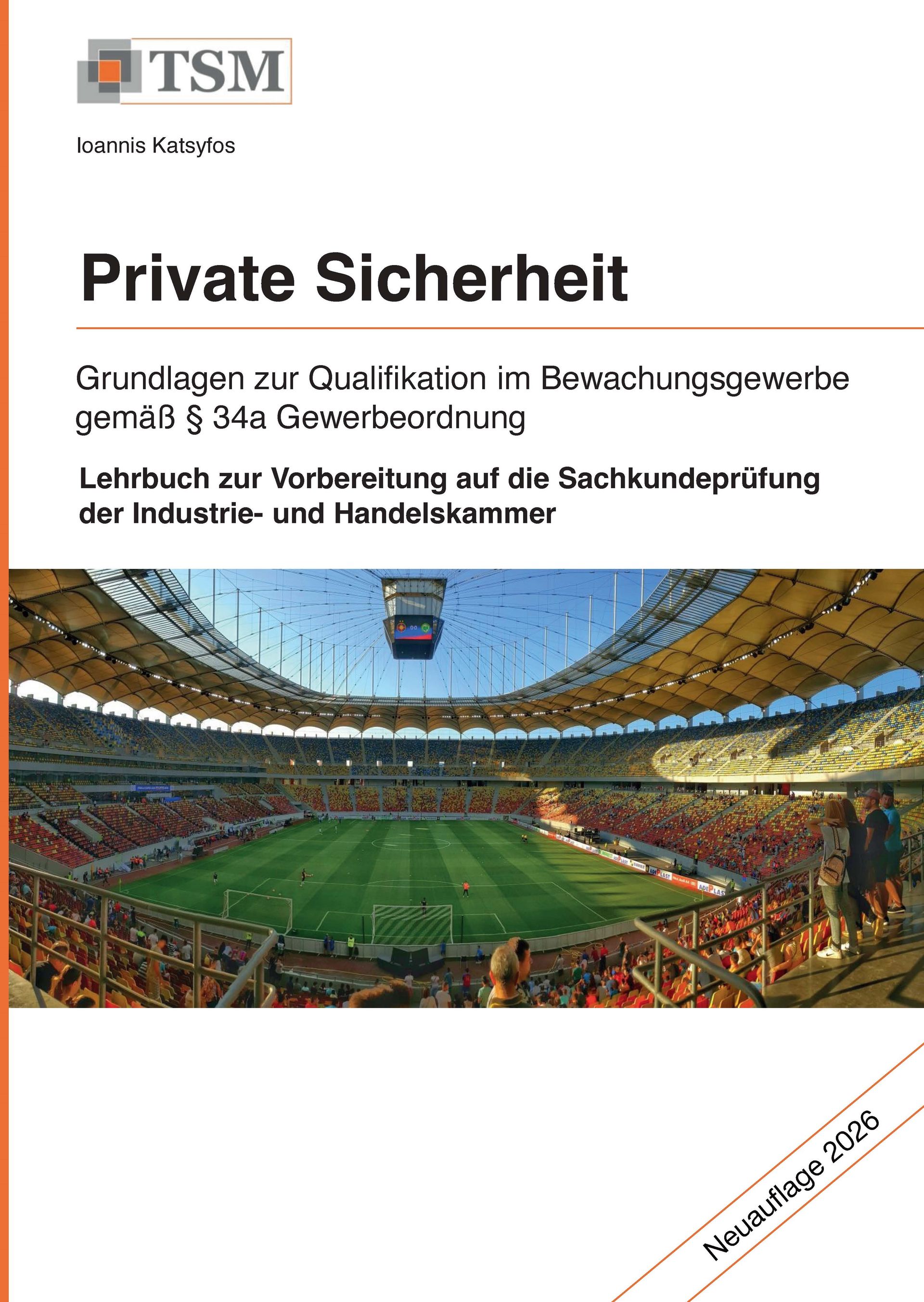 TSM-Broschürenumschlag für „Private Sicherheit“ mit Stadionfoto und weißem Hintergrund