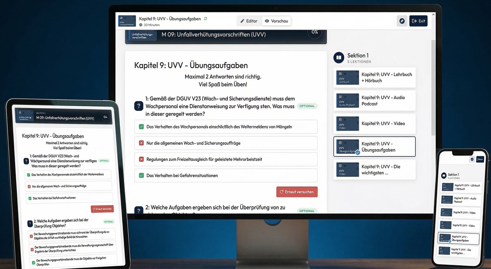 Drei-Geräte-Mockup eines Web-App-Dashboards auf Desktop-, Tablet- und Smartphone-Bildschirmen