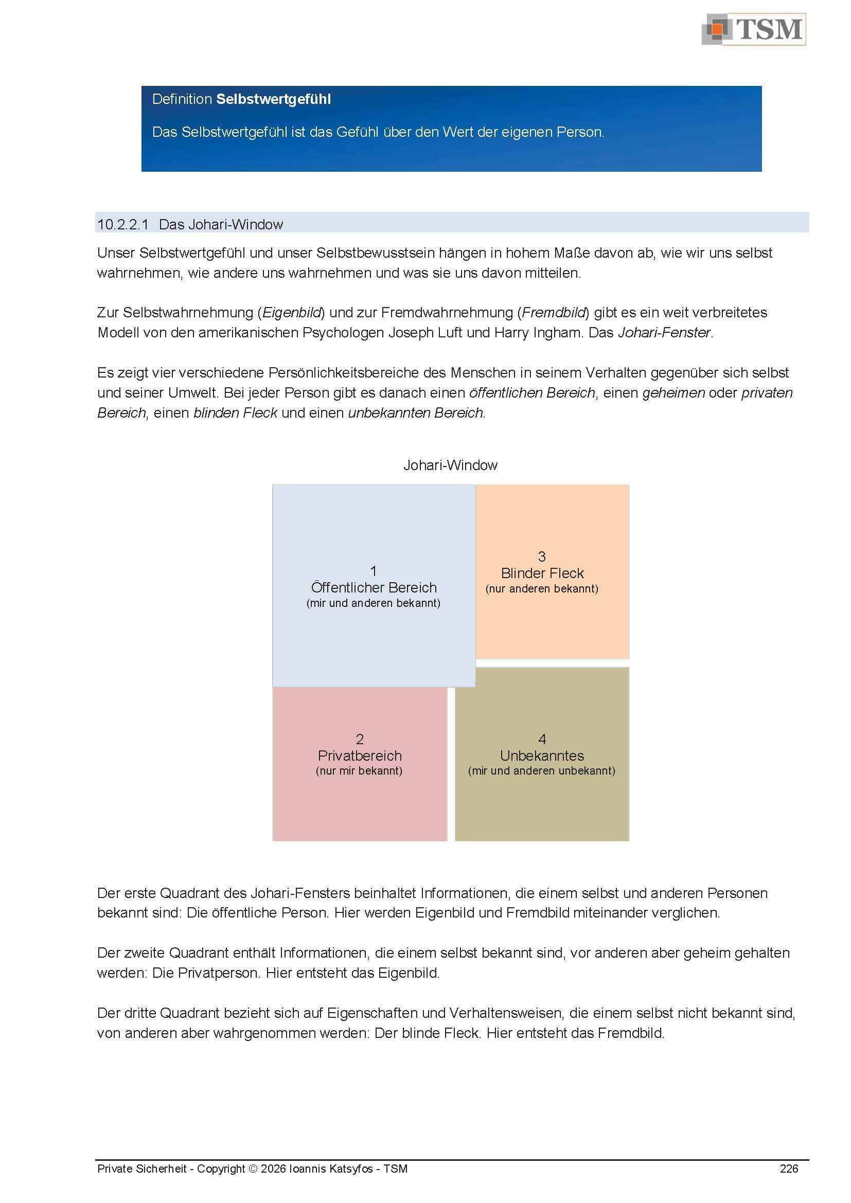 Seite mit blauer Kopfzeile und einem in der Mitte befindlichen, vierquadranten, pastellfarbenen Quadratdiagramm.
