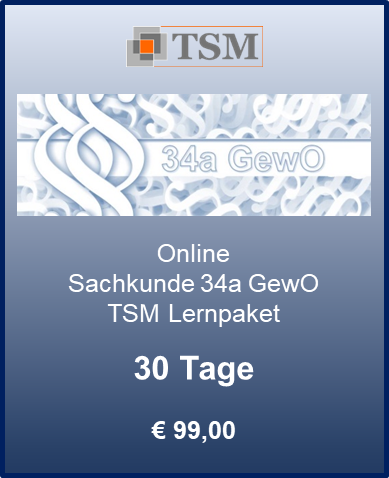 TSM online learning package for Sachkunde 34a GewO, 30 days, €99.00