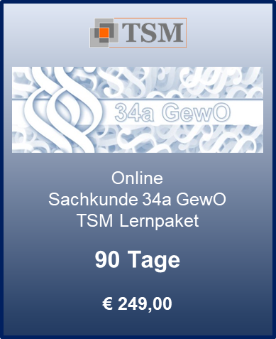 TSM promo graphic: “Online Sachkunde 34a GewO TSM Lernpaket,” 90 Tage, €249,00