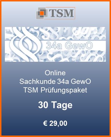 TSM promo banner for Online Sachkunde 34a GewO, 30 Tage, €29,00, with “Erscheint in Kürze” text