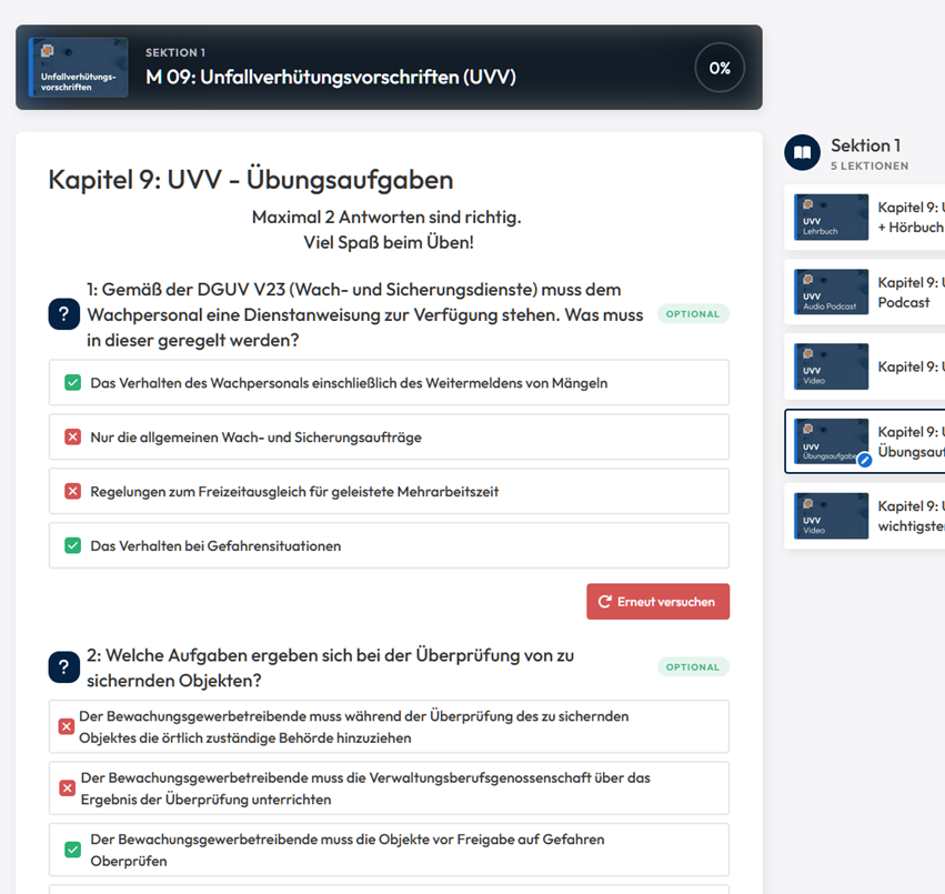 Screenshot einer Online-Lektionsseite für den deutschen UVV-Kurs mit Multiple-Choice-Fragen und Antwortmöglichkeiten.