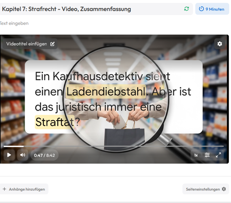 Screenshot aus einer deutschen Videolektion zum Thema Ladendiebstahl, in der ein Detektiv mit einer Lupe einen Supermarktgang absucht.