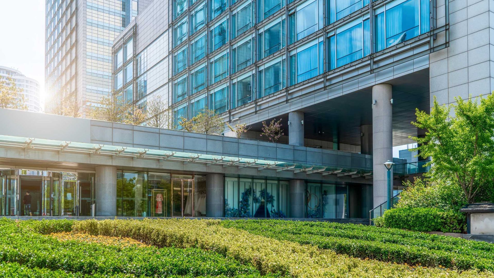 Modern glass office building with a covered entrance and green landscaping in sunlight