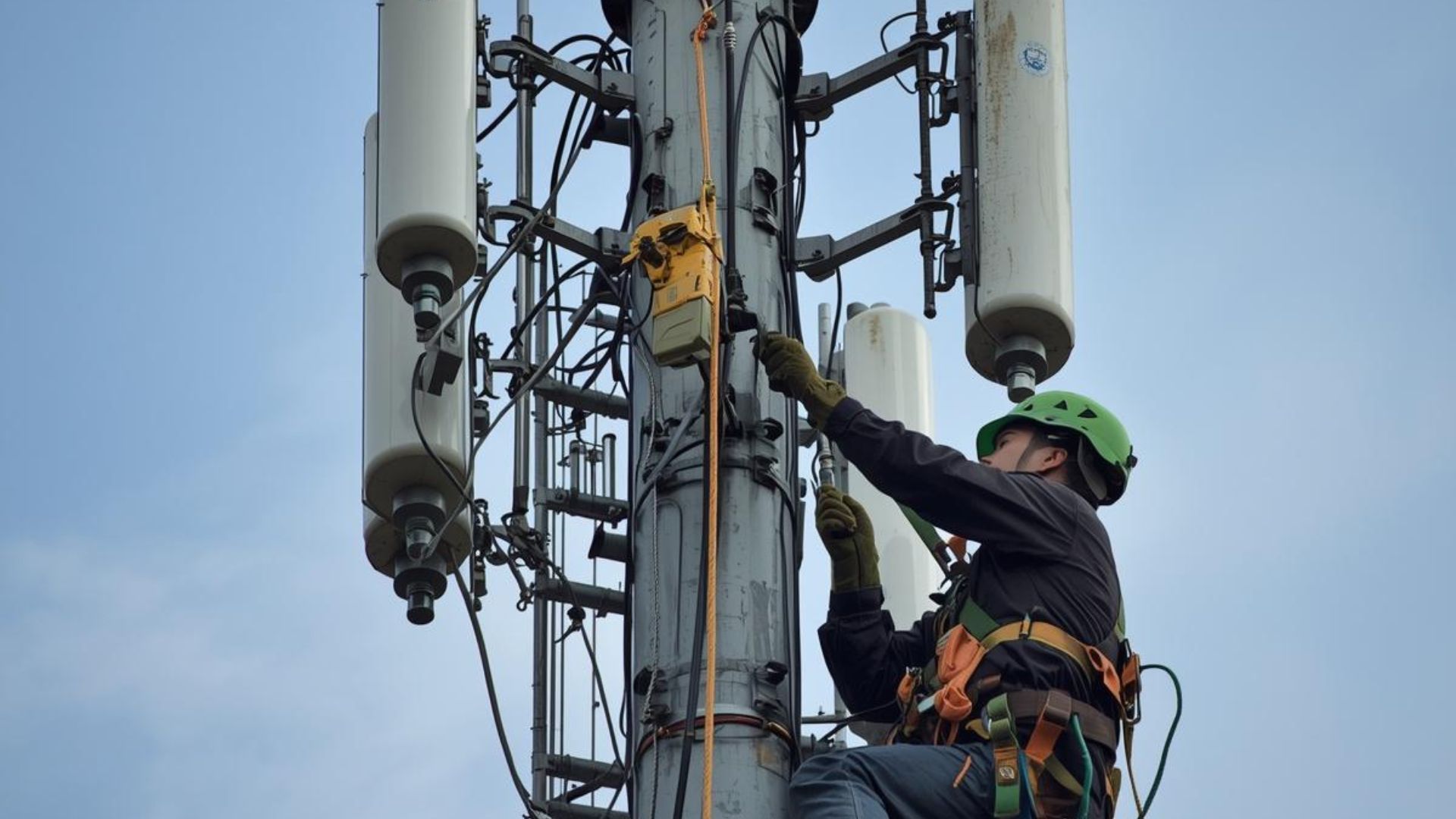 Technician climbing a cell tower and inspecting equipment against a blue sky