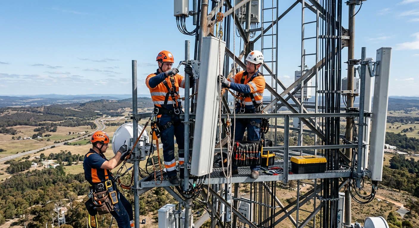 Climbers in orange safety gear on a tall metal communication tower in a mountainous landscape