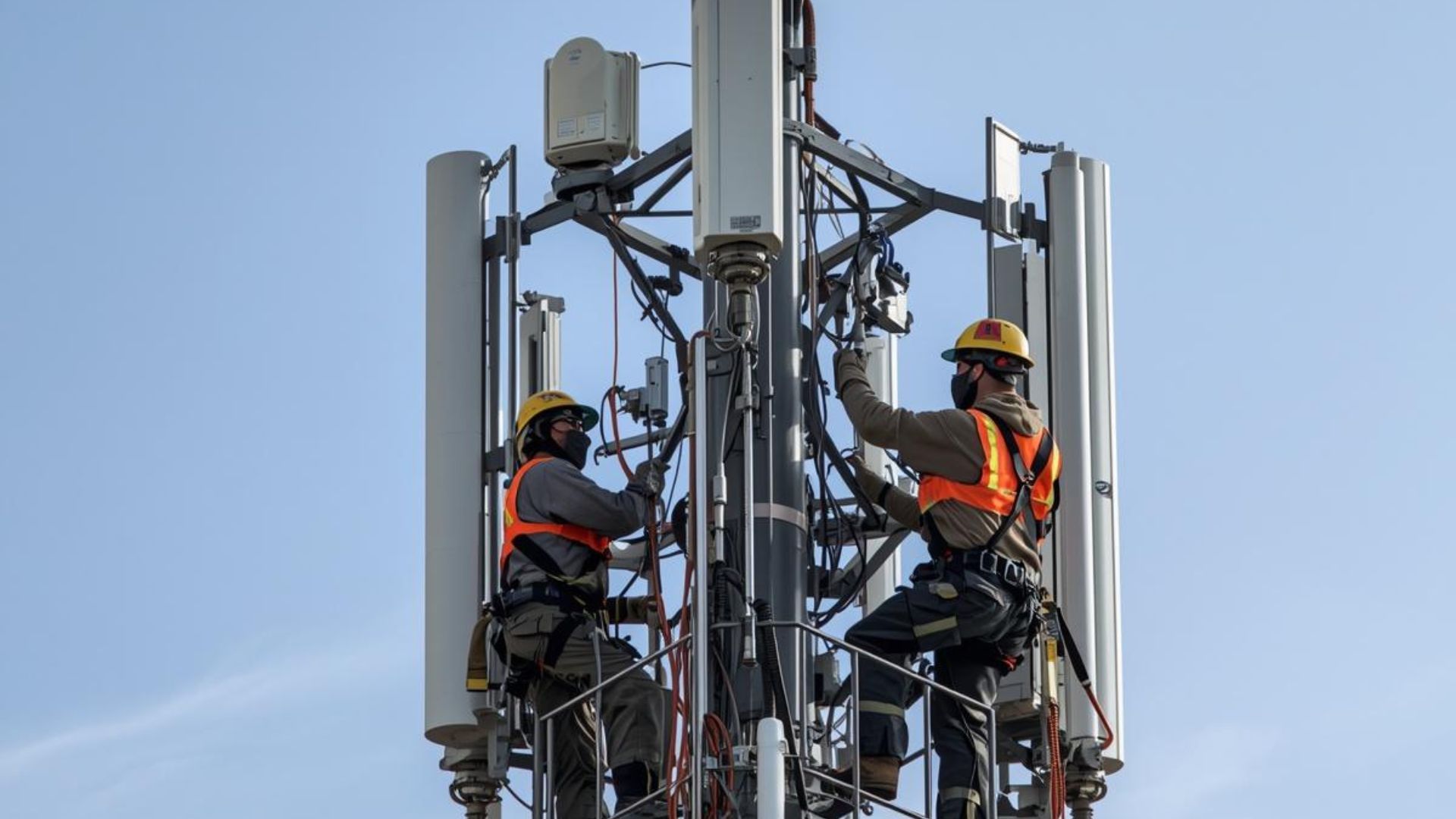 Two workers in orange safety gear climbing a cell tower against a blue sky