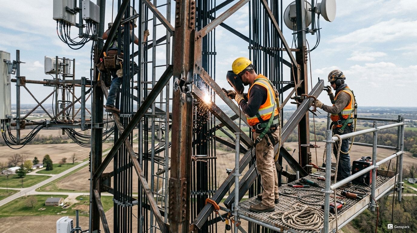 Two workers in hard hats and safety vests climbing a metal communications tower outdoors