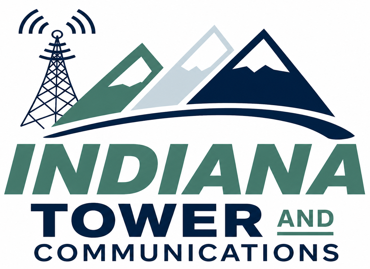 Indiana Tower and Communications logo with tower icon and mountain graphics in green, gray, and navy blue